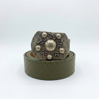 Cinturon Cuero Verde Musgo Hebilla Rectangular hoyos