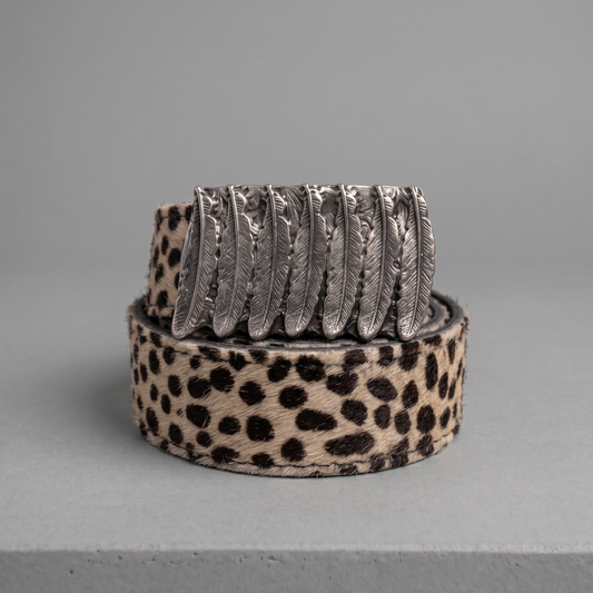 Cinturon Cuero Animal Print Cheeta Hebilla Plumas