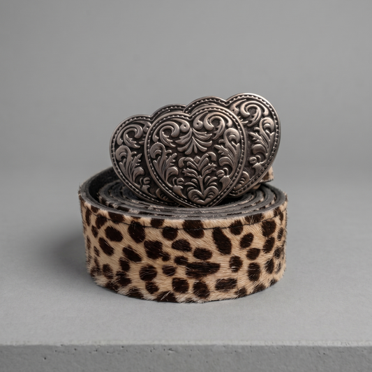 Cinturon Cuero Animal Print Cheeta Hebilla Corazon