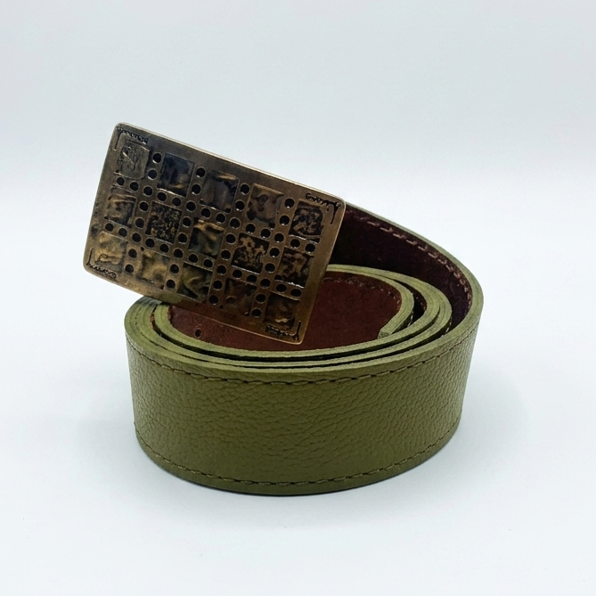 Cinturon Cuero Verde Musgo Hebilla Rectangular Circulos