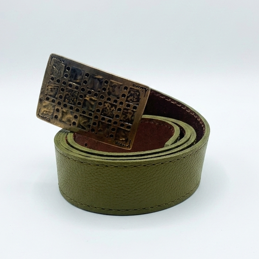 Cinturon Cuero Verde Musgo Hebilla Rectangular Circulos