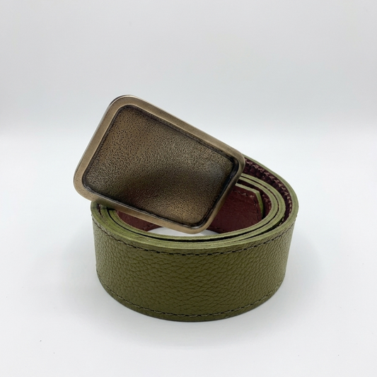 Cinturon Cuero Verde Musgo Hebilla Rectangular