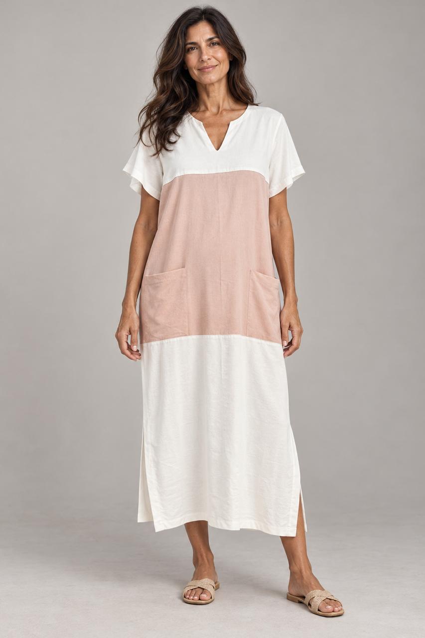 VESTIDO LINO CON MANGA ROSADO